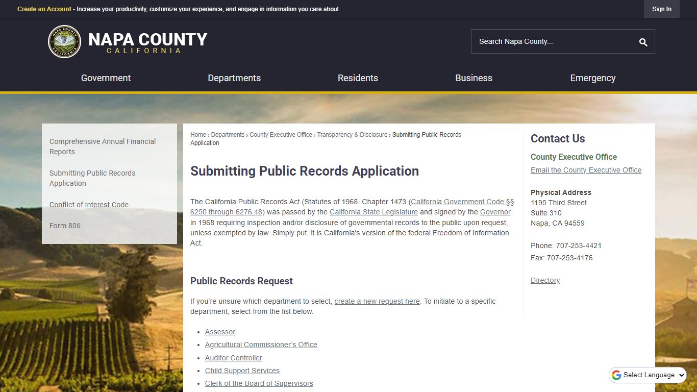 Submitting Public Records Application | Napa County, CA